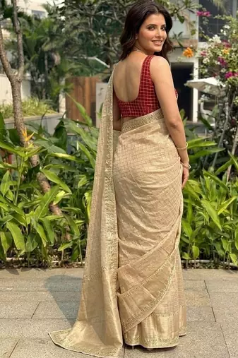 Beige checked zari silk blend saree