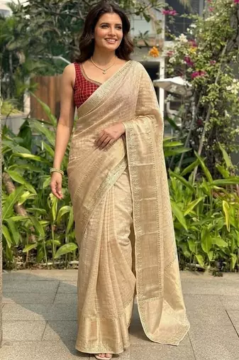 Beige checked zari silk blend saree