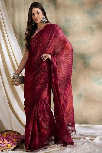 Red printed saree with blouse