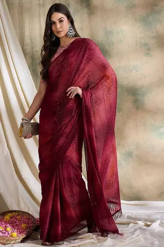 Red printed saree with blouse