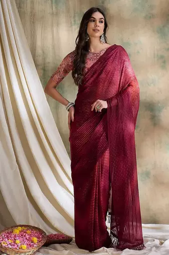 Red printed saree with blouse