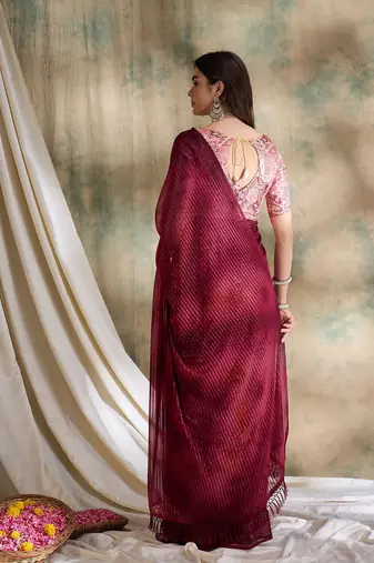Red printed saree with blouse
