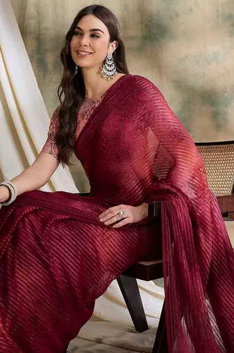 Red printed saree with blouse
