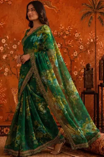 Green floral embroidered poly georgette saree