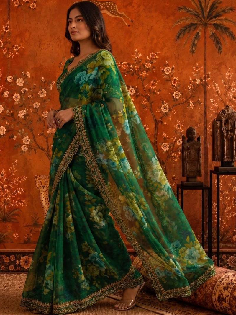 Green floral embroidered poly georgette saree