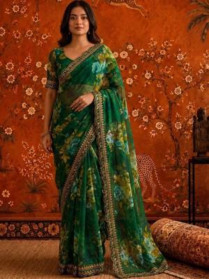 Green floral embroidered poly georgette saree 2