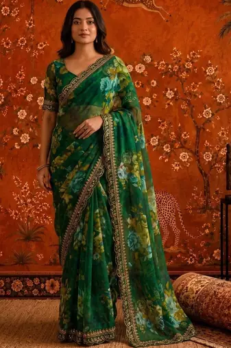 Green floral embroidered poly georgette saree