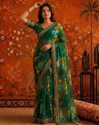 Green floral embroidered poly georgette saree 3