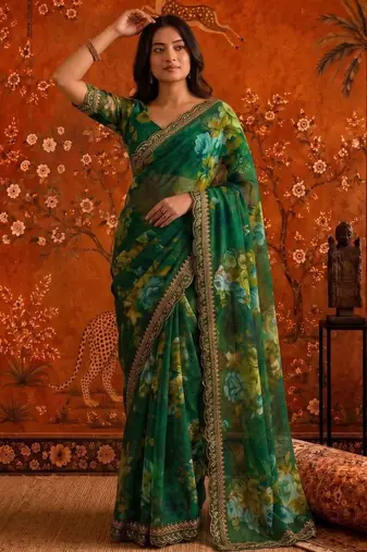 Green floral embroidered poly georgette saree