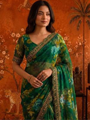 Green floral embroidered poly georgette saree 4
