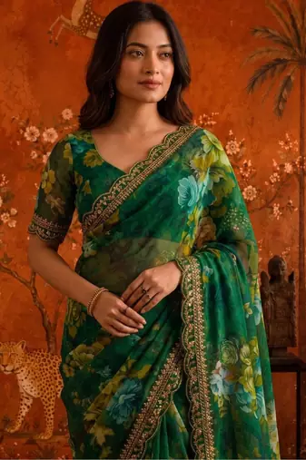 Green floral embroidered poly georgette saree