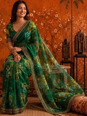 Green floral embroidered poly georgette saree 5