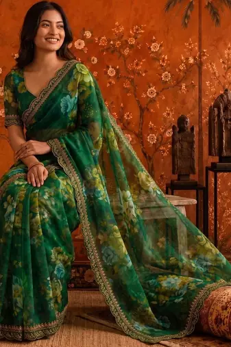 Green floral embroidered poly georgette saree