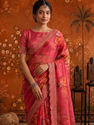 Pink floral embroidered poly georgette saree 1