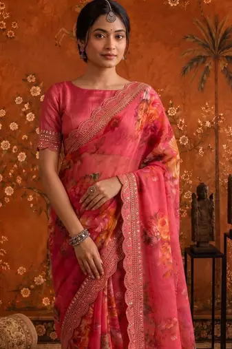 Pink floral embroidered poly georgette saree