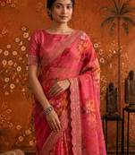 Pink floral embroidered poly georgette saree