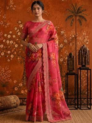 Pink floral embroidered poly georgette saree 2