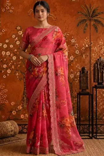 Pink floral embroidered poly georgette saree