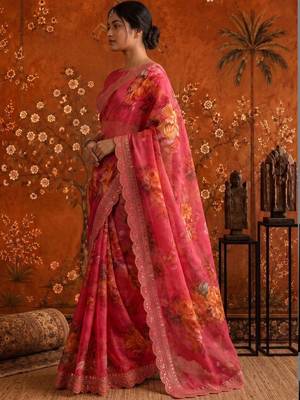 Pink floral embroidered poly georgette saree 3