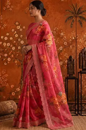 Pink floral embroidered poly georgette saree
