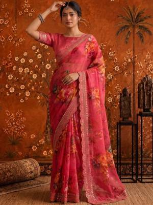 Pink floral embroidered poly georgette saree 4