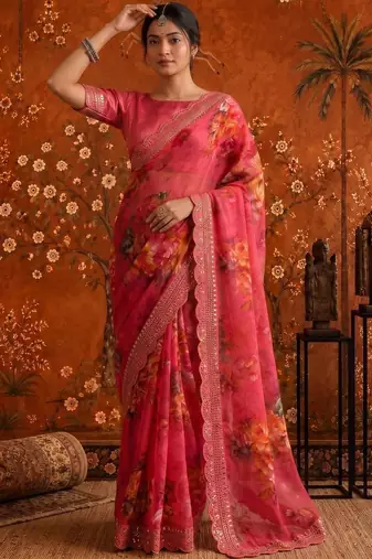 Pink floral embroidered poly georgette saree