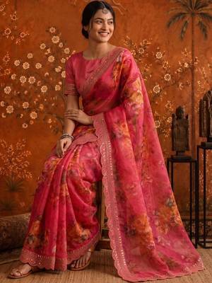 Pink floral embroidered poly georgette saree 5