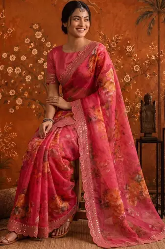 Pink floral embroidered poly georgette saree