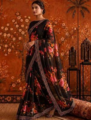 Black floral embroidered poly georgette saree 1