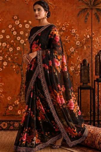 Black floral embroidered poly georgette saree
