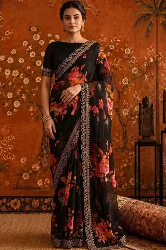Black floral embroidered poly georgette saree