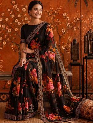 Black floral embroidered poly georgette saree 3