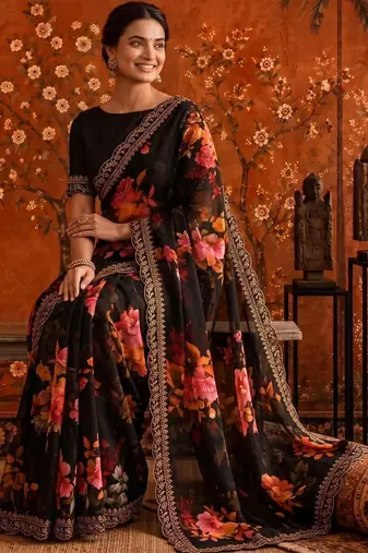 Black floral embroidered poly georgette saree