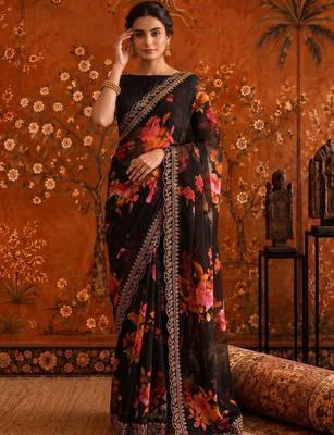 Black floral embroidered poly georgette saree 4