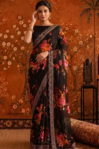 Black floral embroidered poly georgette saree
