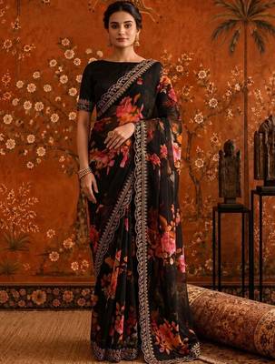Black floral embroidered poly georgette saree 5