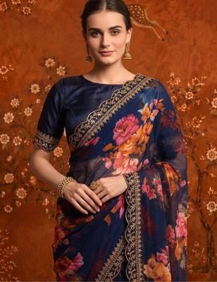 Navy blue floral embroidered poly georgette saree 1