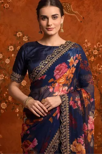 Navy blue floral embroidered poly georgette saree