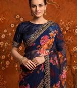Navy blue floral embroidered poly georgette saree