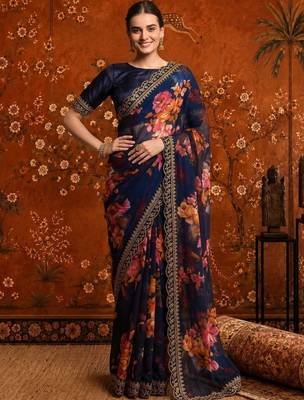 Navy blue floral embroidered poly georgette saree 2