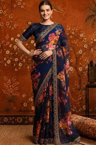 Navy blue floral embroidered poly georgette saree