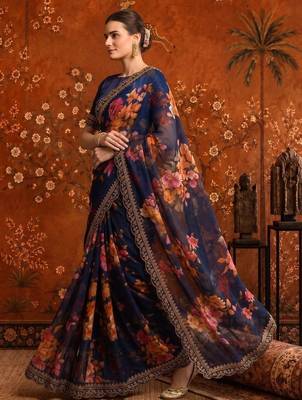 Navy blue floral embroidered poly georgette saree 3