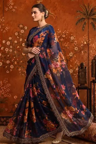Navy blue floral embroidered poly georgette saree
