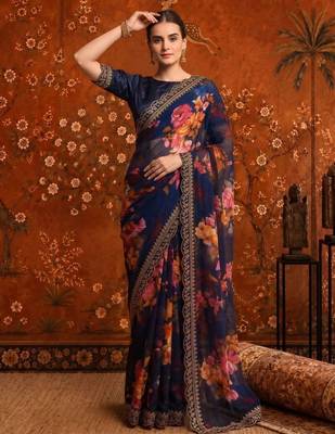 Navy blue floral embroidered poly georgette saree 4
