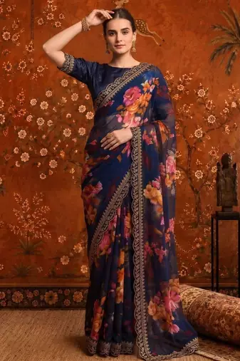 Navy blue floral embroidered poly georgette saree