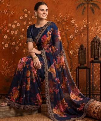 Navy blue floral embroidered poly georgette saree 5