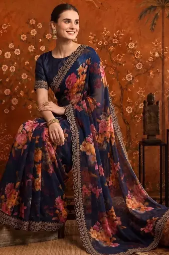 Navy blue floral embroidered poly georgette saree
