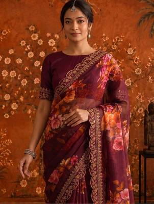 Burgundy floral embroidered poly georgette saree 1