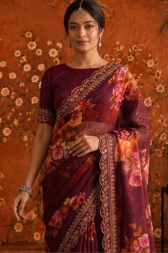 Burgundy floral embroidered poly georgette saree