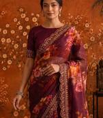 Burgundy floral embroidered poly georgette saree